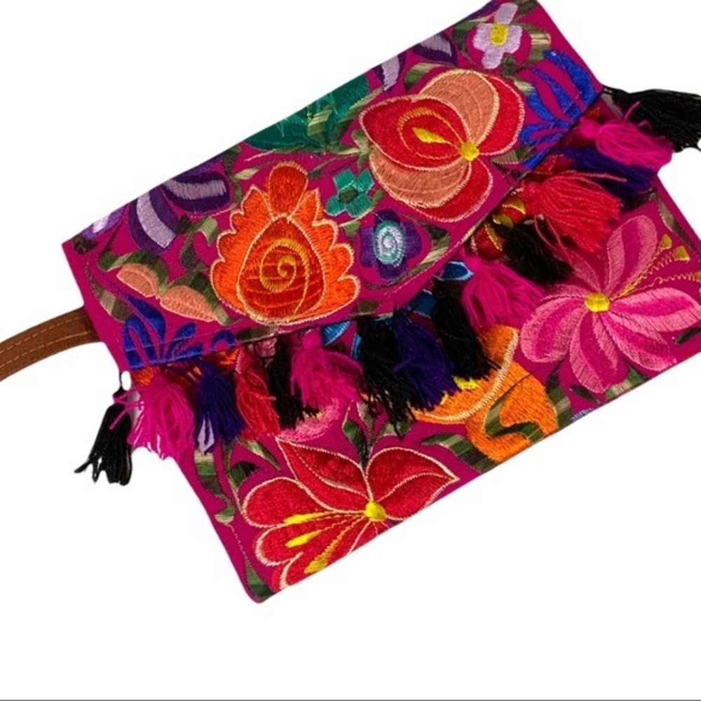 Colorful festival Mexican Floral artisan Pom Pom clutch  KA1-53